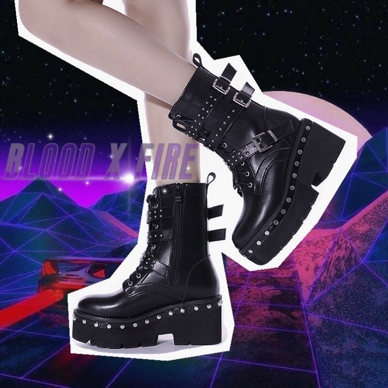 サブカル 服 地雷系 通販 厚底ブーツ サイドZIP 編み上げ リベット メタル 3連トリプルベルト ヒール高8cm つま先5cm 筒高18cm Dark gothic 暗黒系 闇かわいい