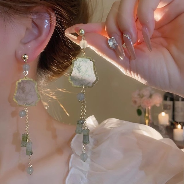 【MEETシリーズ】★チャイナ風耳飾り★ 竹柄 ピアス ペア 小物 気質アップ アクセサリー レディース 水墨画 グリーン