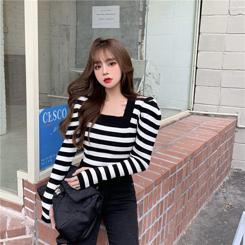 ニットセーター レディースブラックホワイトストライプシャツ スプリングトップス 春物 スクウェア ブラックストロベリース759580883