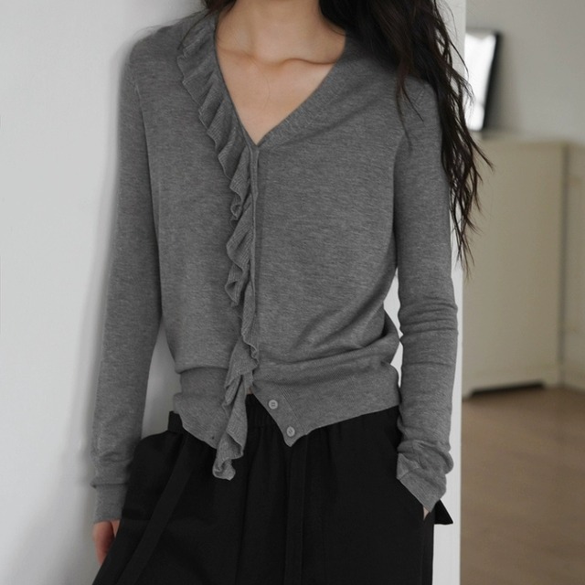 アシンメトリーラッフル使いVネックカーディガン　　1251