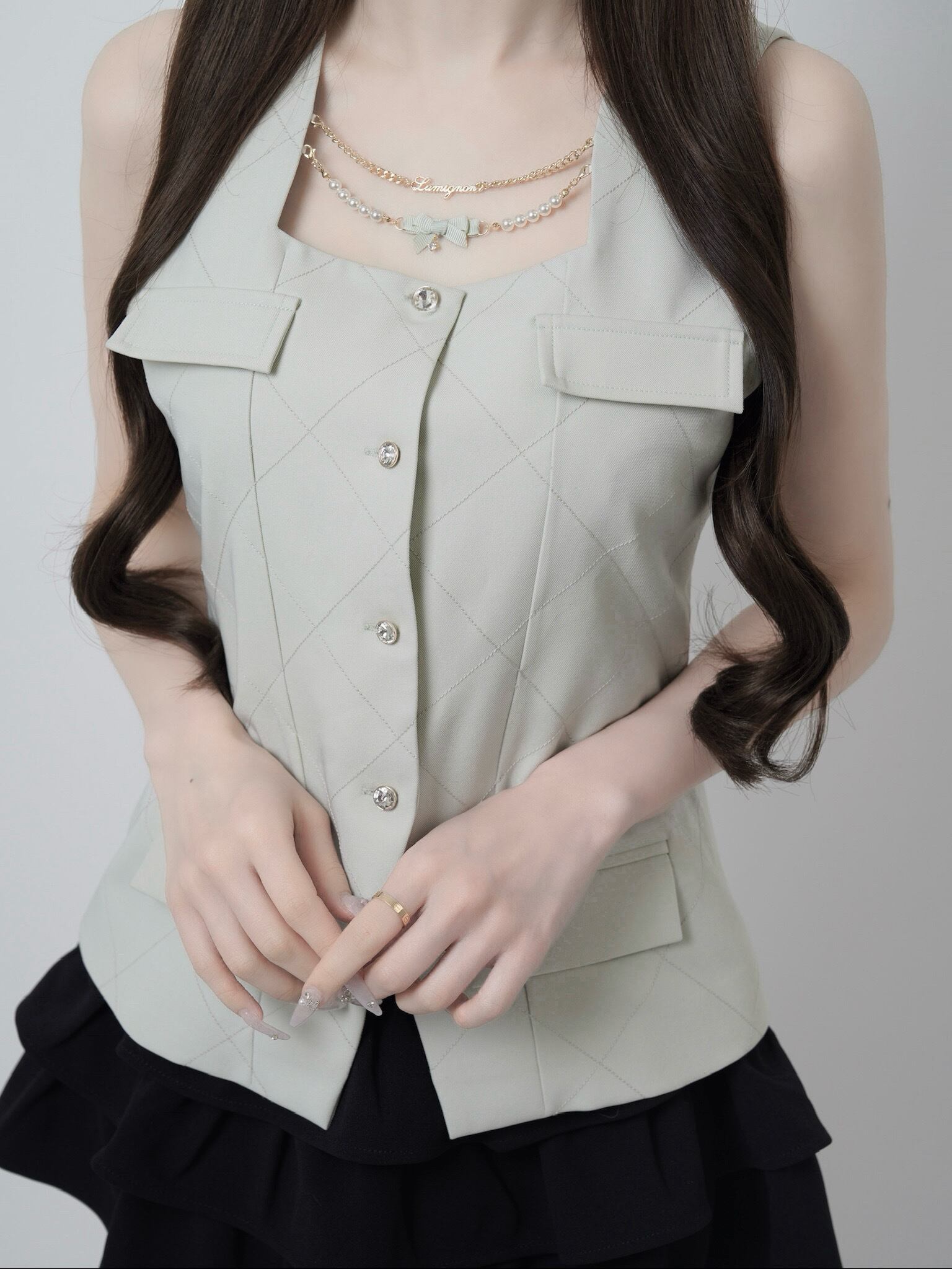 Lumignon original ♥Pearl ribbon chain quilting gilet【ミント