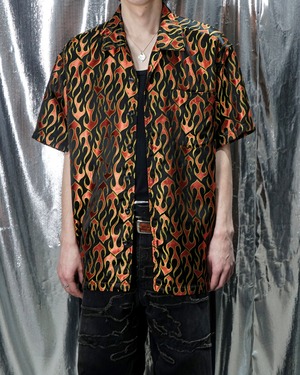 Vintage oversized embroidery fire pattern satin open collar S/S shirt