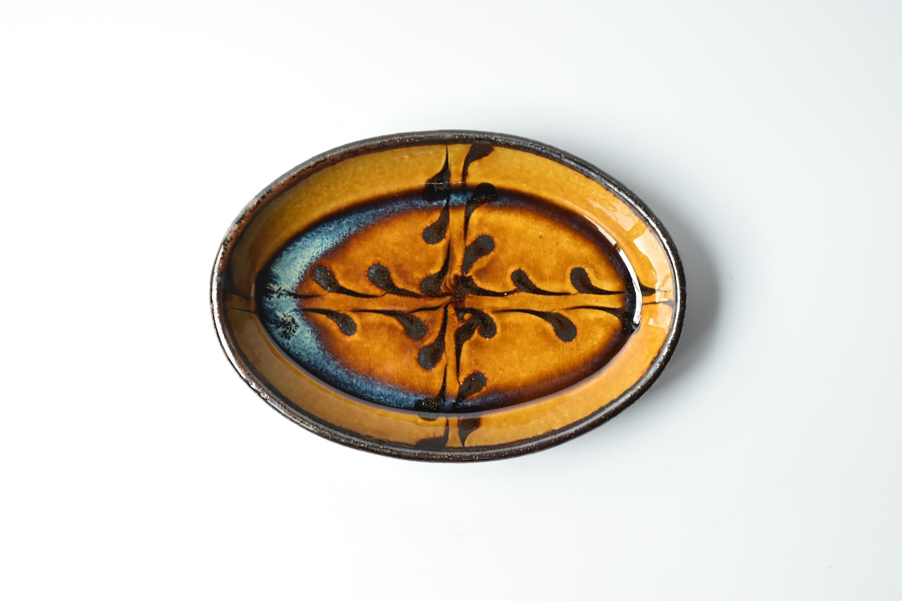 小代焼ふもと窯 / 井上尚之 : 楕円皿 (中) スリップウェア ⑤