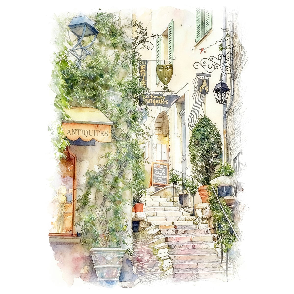 絵画 フランス 風景画(街並み) サン・ポール・ド・ヴァンス の古い通り インテリアアート額付き 水彩画・油絵調 WAT0350