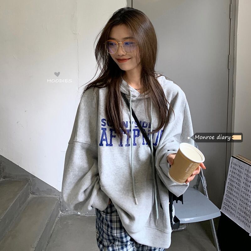 グレーフードプリントルーズセーター ジャケット オータム薄手トップス 秋物 モンロー49916265117