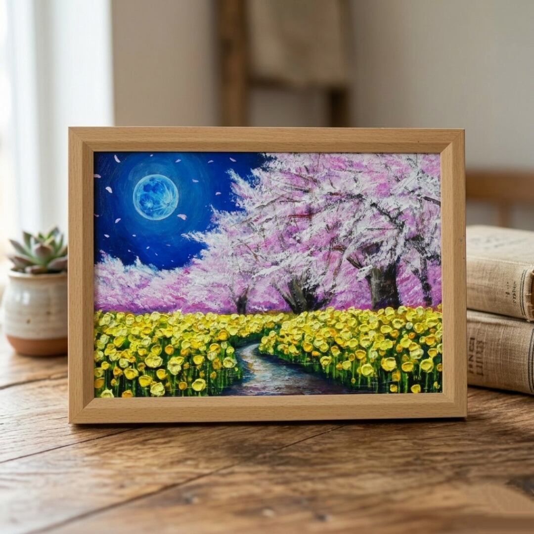 一点物アート】【心癒される春の夜：静寂を照らす月の光】油彩絵画