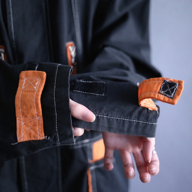 "orange×black" stitch work and gimmick design zip-up tech jacket （with hood）