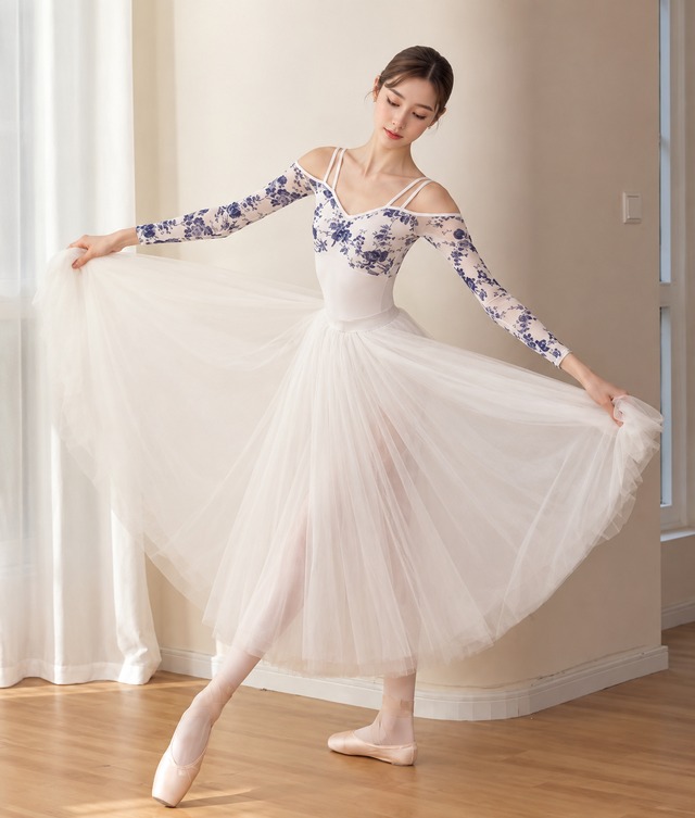 Blue Floral ドロップオフショルダー　ロングスリーブレオタード
