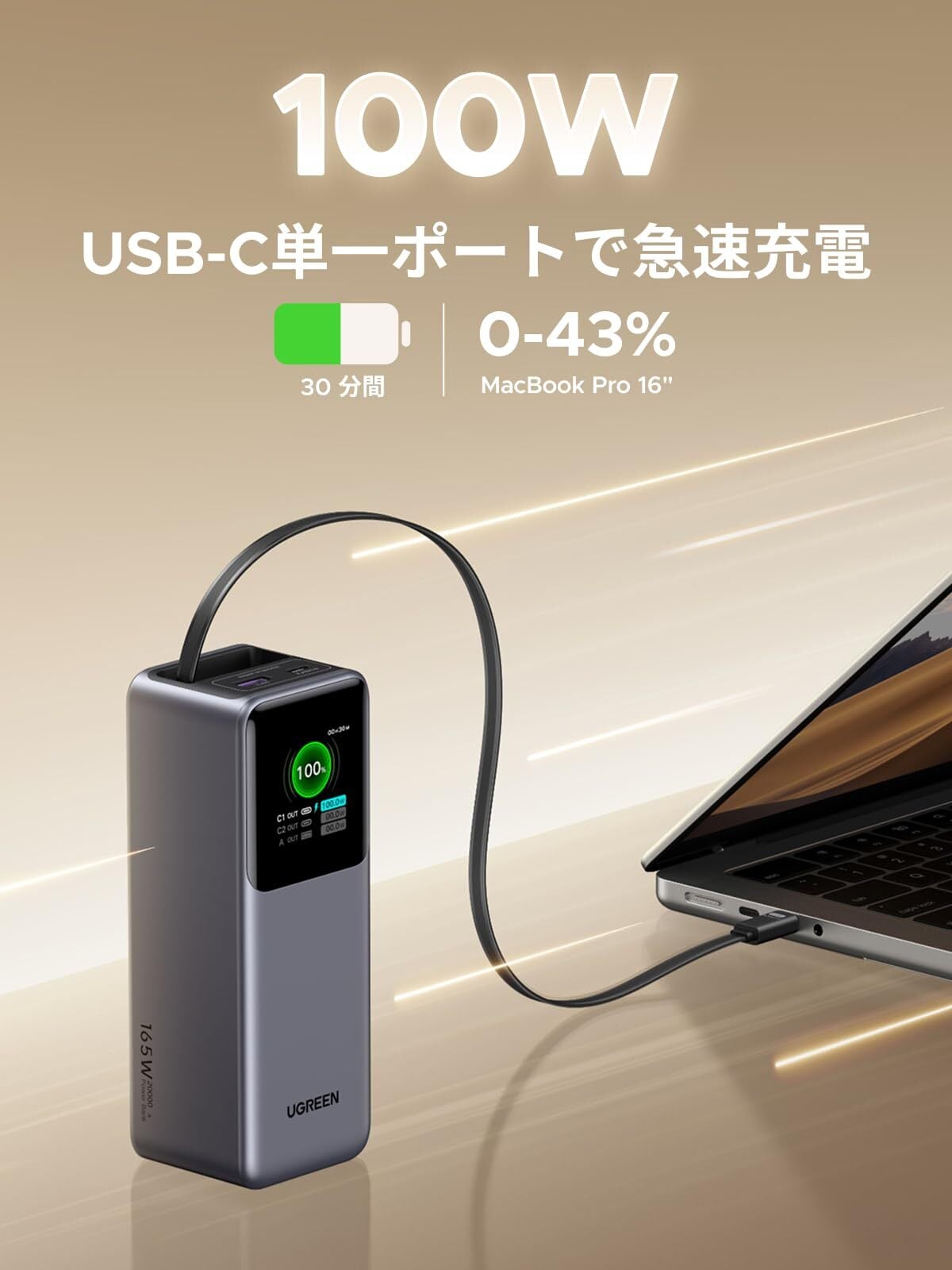 UGREEN Nexode 巻取式USB-Cケーブル内蔵 モバイルバッテリー (20000mAh