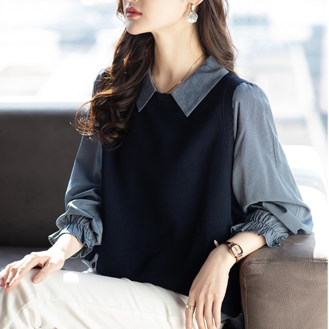 重ね着風ノースリーブリブニットベスト＆ストライプカフスシャツドッキングプルオーバー  K1018