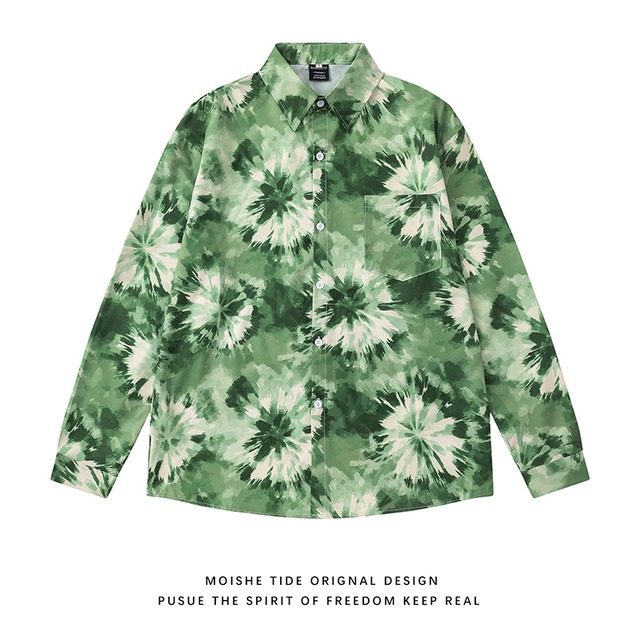 ♥油絵風花柄シャツ！【MOISHE TIDEシリーズ】★シャツ★ 2color ユニセックス トップス 長袖シャツ メンズ プリント 青 緑