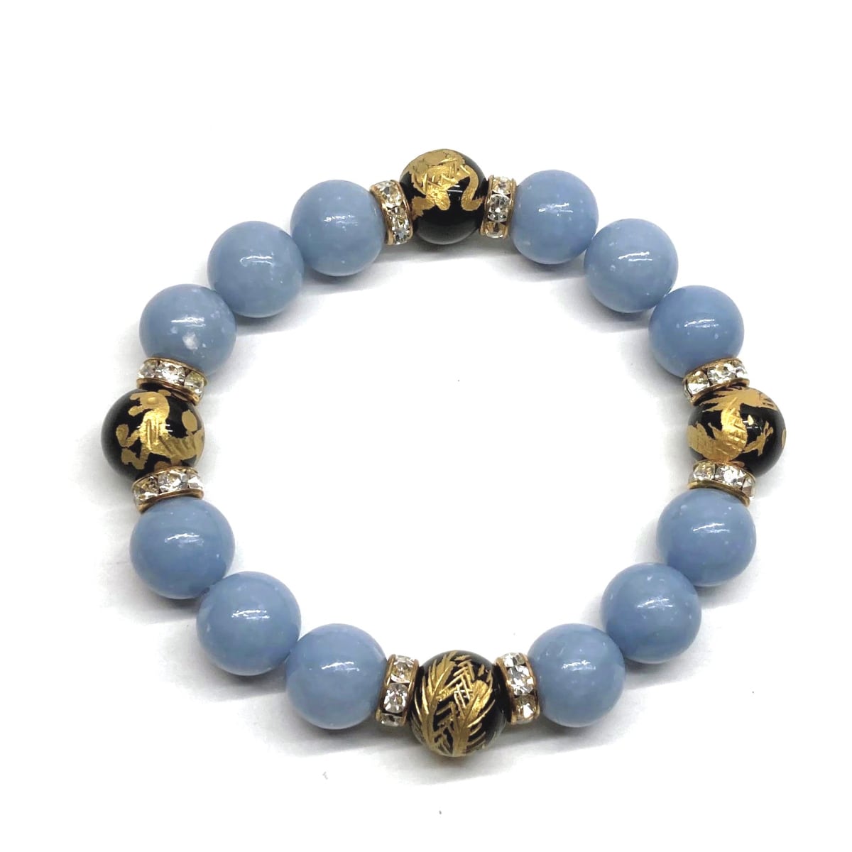 12mm 四神獣金彫オニキス×エンジェライト パワーストーン ブレスレット