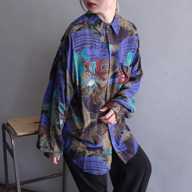 art graphic pattern loose rayon shirt