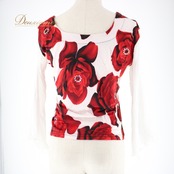 社交ダンス 衣装 スタンダード トップス レッスンウェア レディース オールシーズン 花柄 赤 白 U:NA ユーナ ホワイト系 レッド系 長袖 花柄トップス レッスンウェア レディース用 ダンス衣装 ストレッチ ルームウェア 年中使用可能 おしゃれ お出かけ用 上品 トップス Mサイズ 女子向け フラワーデザイン スポーツウェア 薔薇柄