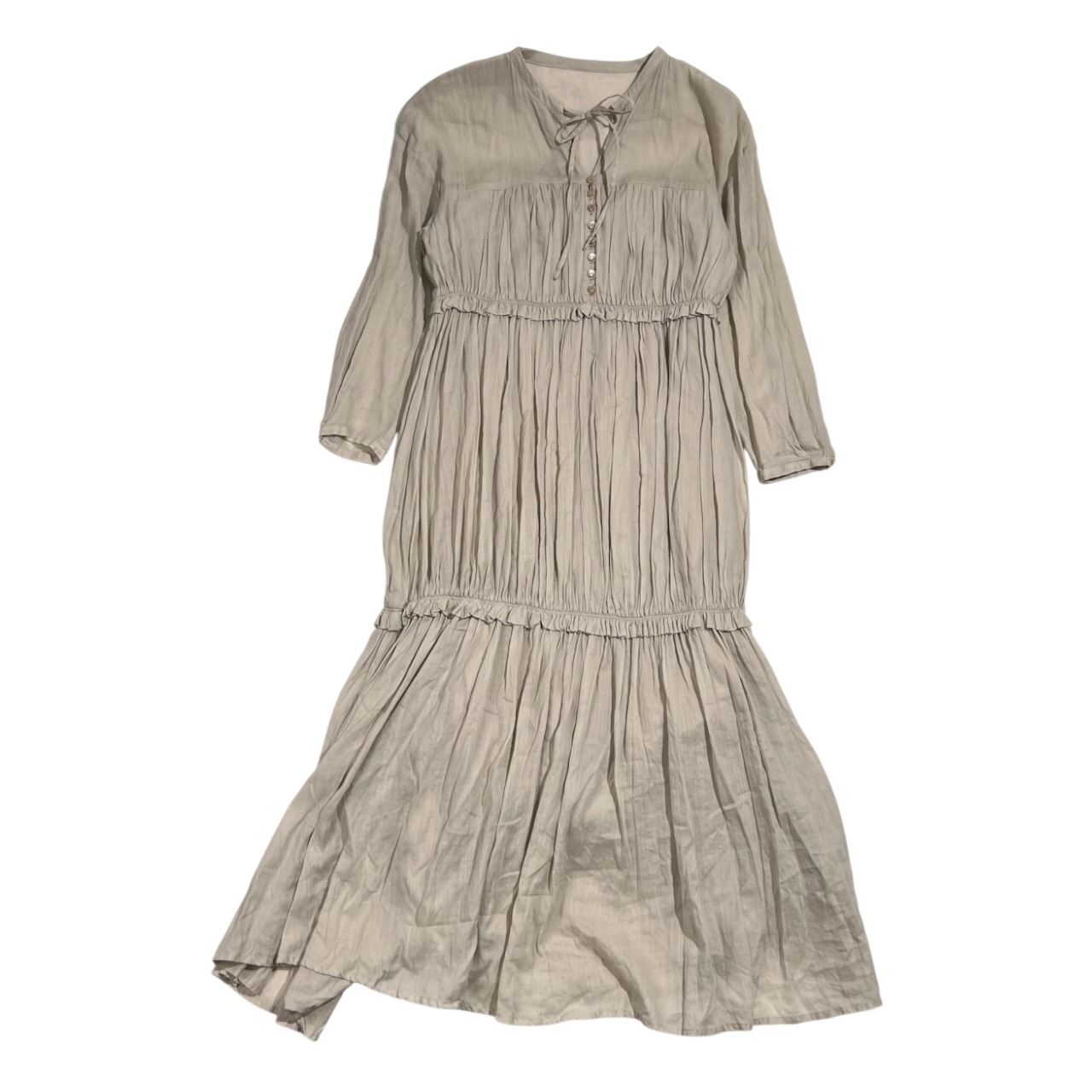 リネン混 nano universe ナノユニバース ギャザー ロングワンピース サイズ 36 /グレーベージュ系 レディース フレア マキシ丈