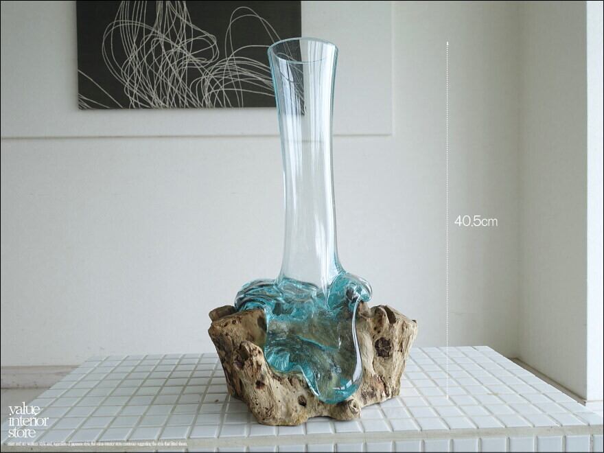 硝子フラワーベースTall40cm 花瓶 プリミティブガラスベース 手作り 一輪挿し 一点物 ハンドメイド 無垢材 自然な様