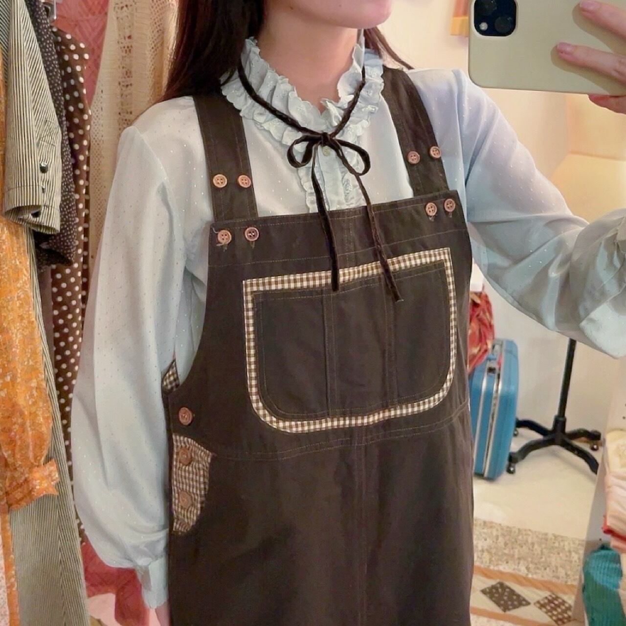 gingham check brown salopette skirt