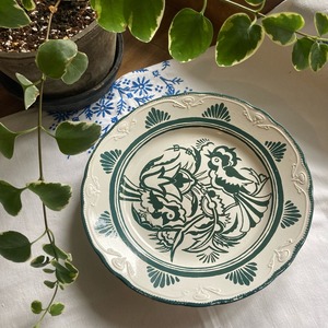 ハンガリー グリーン 鳥と植物 モチーフの飾り皿