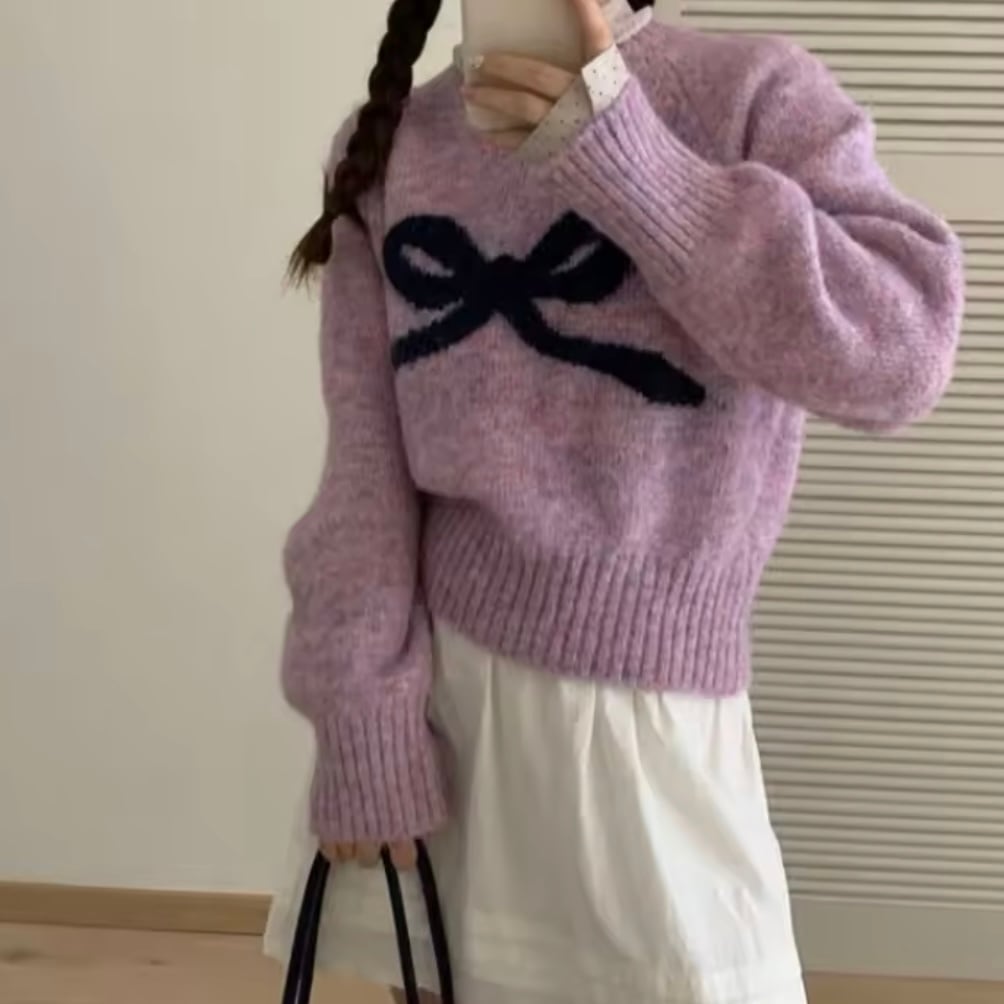 クルーネックリボンニット