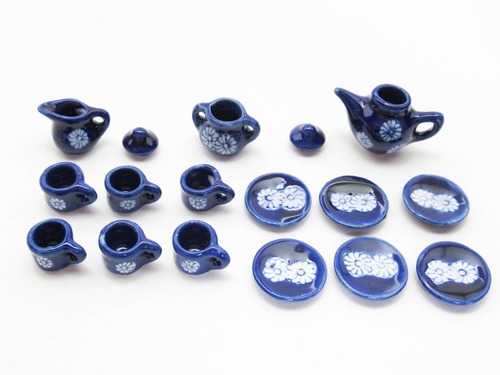 【SALE】ミニチュア 陶器◆可愛いティータイムセット　藍染花紋（AD044）【ミニチュア食器・ドールハウス】