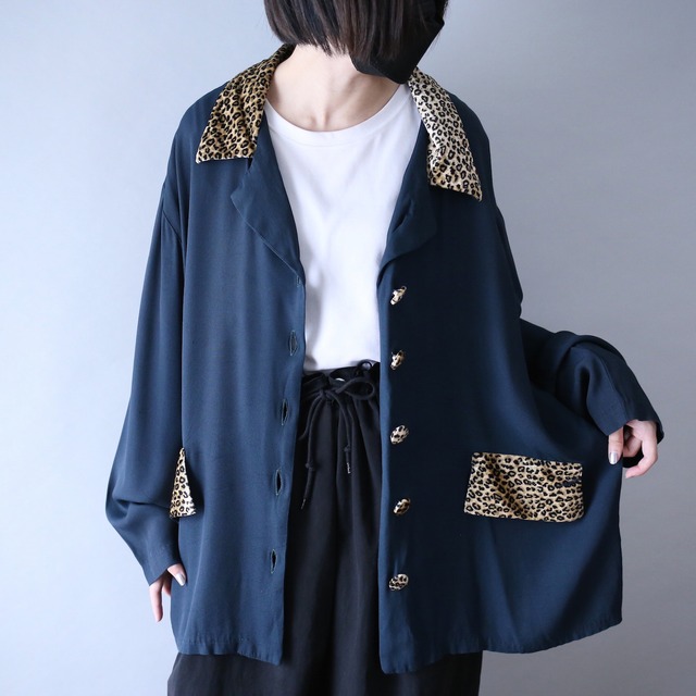 leopard velours fabric switching design loose silhouette shirt jacket