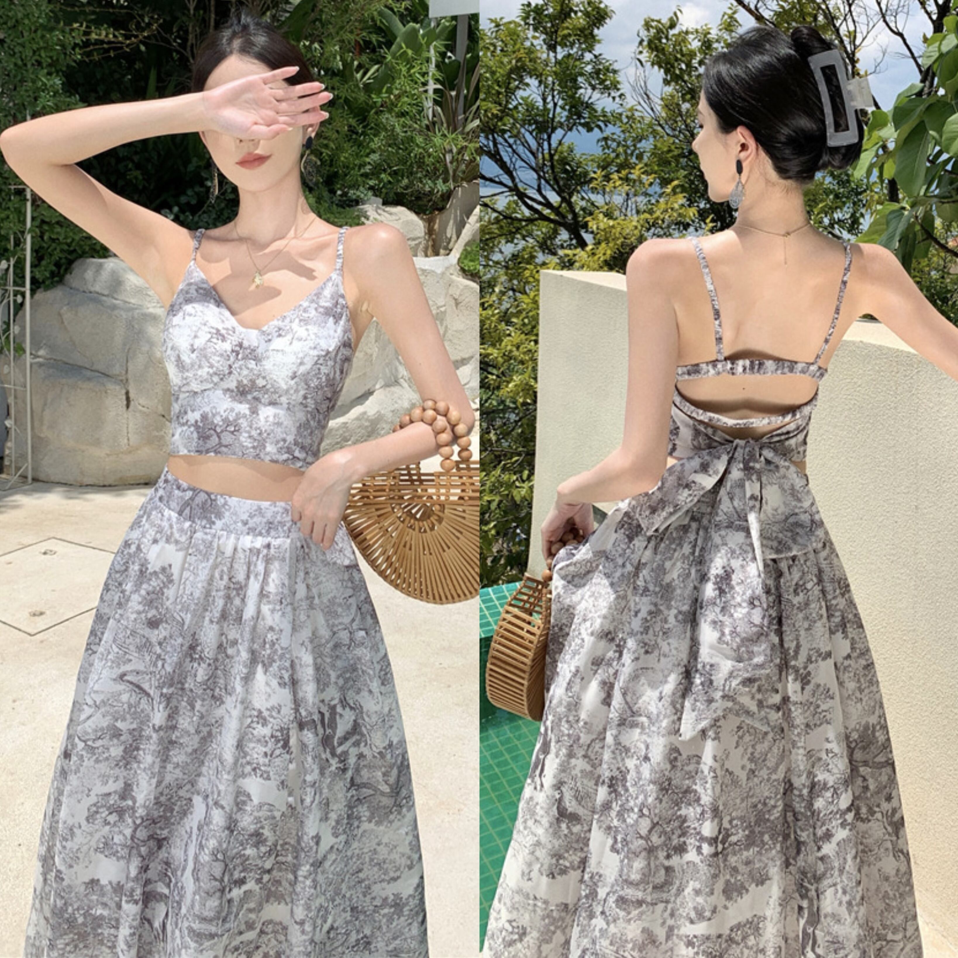 【set】バックリボンキャミソール×プリントスカートセット N2498