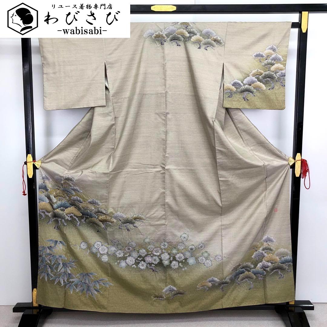 付下げ 刺繍 四つ菱模様 小町鼠色 しつけ糸 ふかよかサイズ K-5635