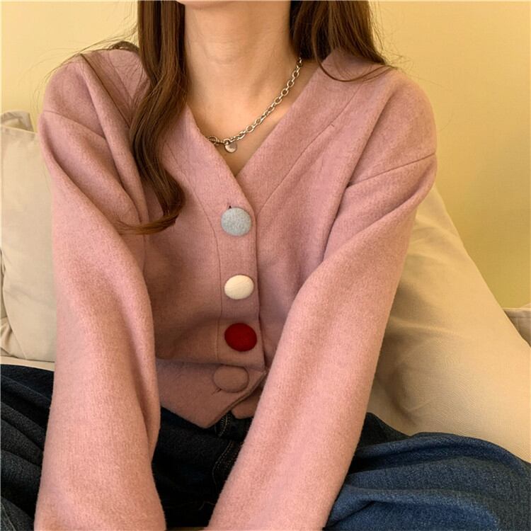 1枚で大人の可愛いさを叶える コントラストカラー Vネック ウール シック 簡約