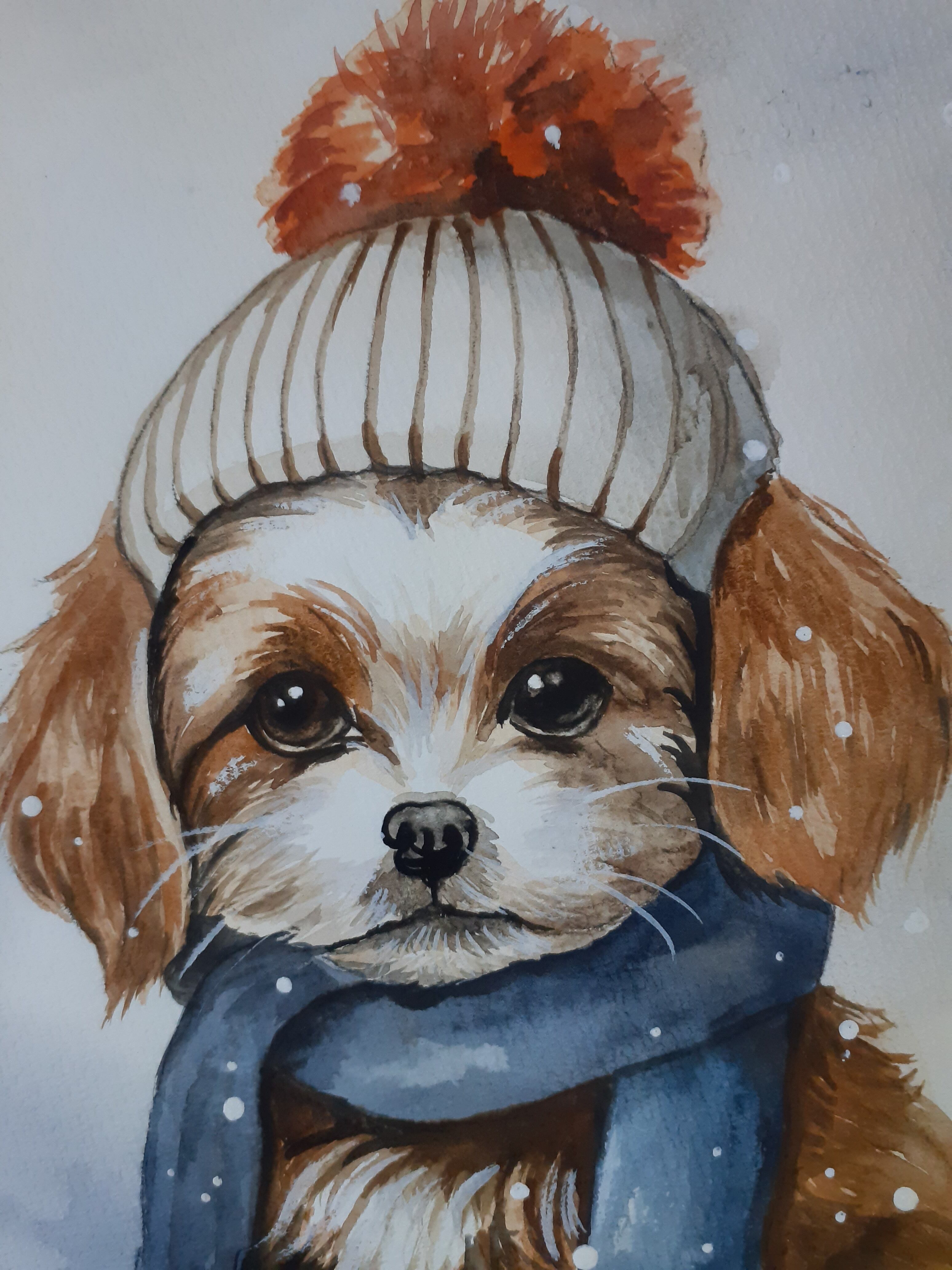 水彩画 雪上の可愛い子犬 | 工房 和み