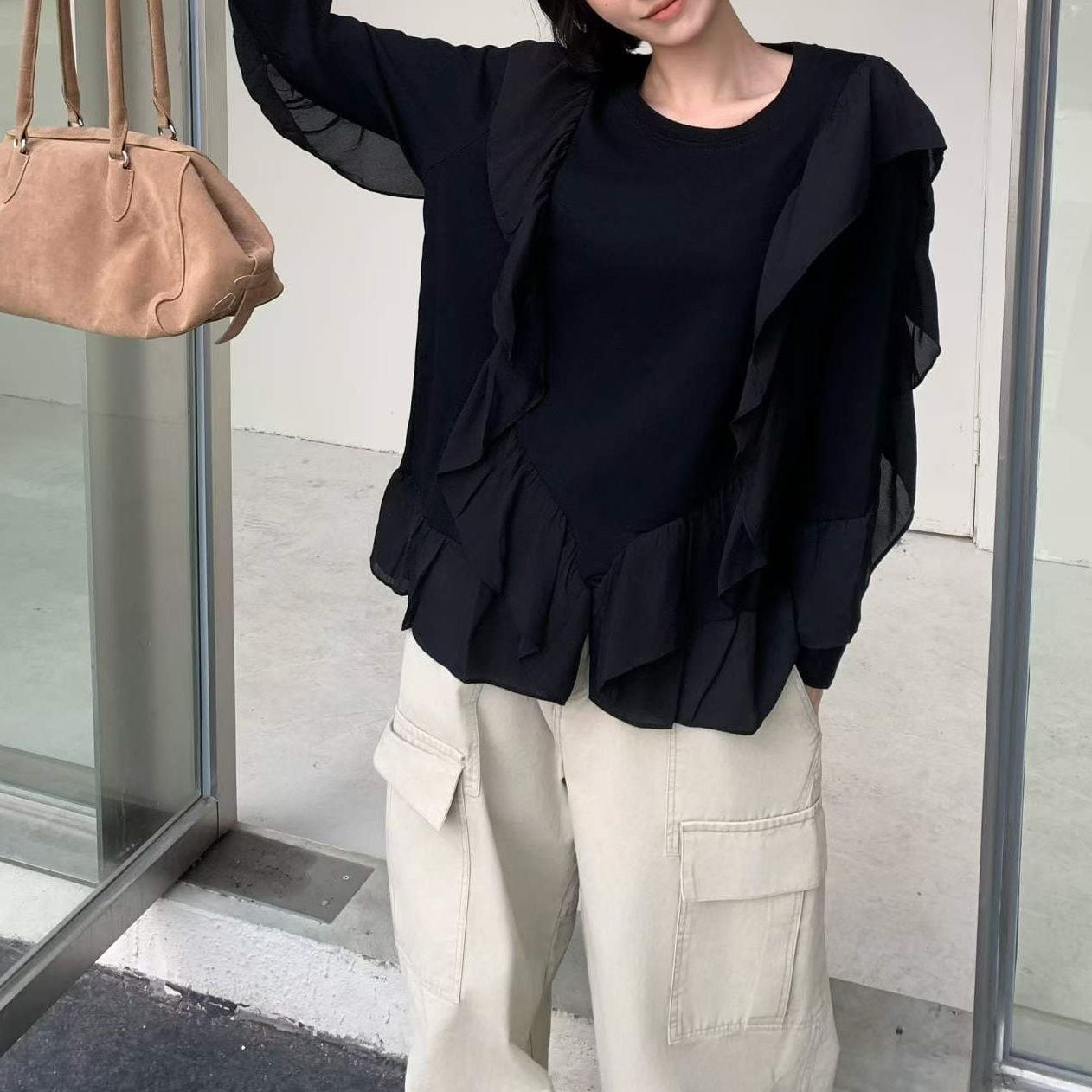 RUFFLED LONG SLEEVES CREW NECK RELAXED T-SHIRT M-18421