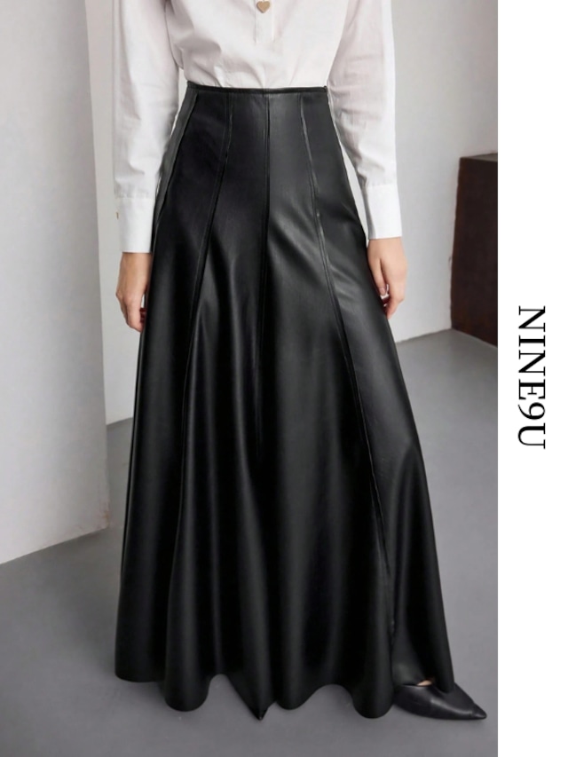 leather long  flare-skirt 3color【NINE-S0067】