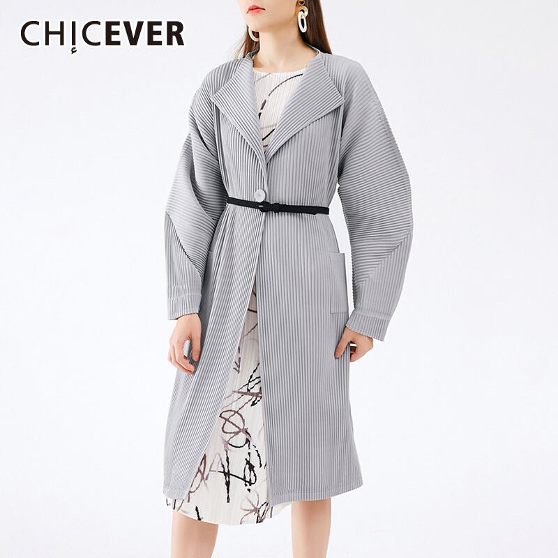 CHICEVERストライプトレンチ女性ラペル長袖ウエストサッシ付きゆったりとした厚手のシャーリングトレンチ ロング 6base543343678010