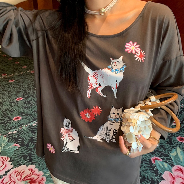 cat print back open long sleeve t-shirt J00091