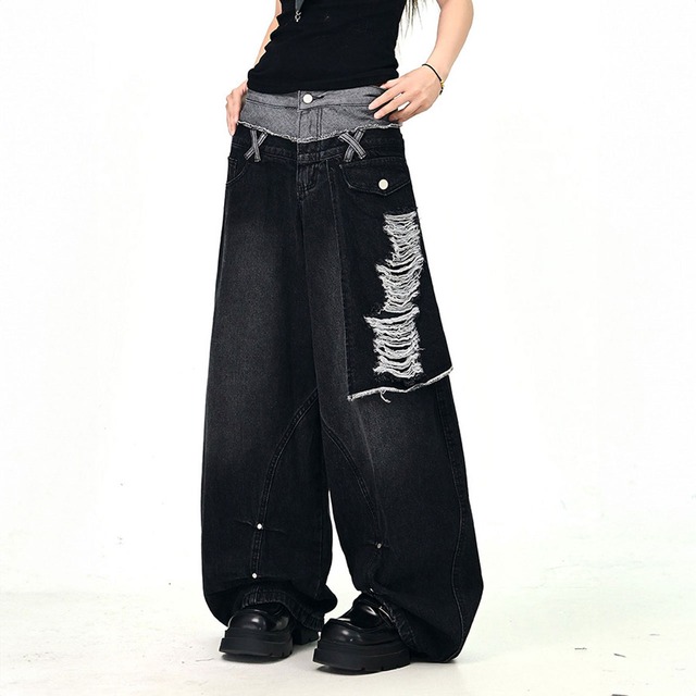 レイヤードウエストダメージデニムパンツ 2col   R01196