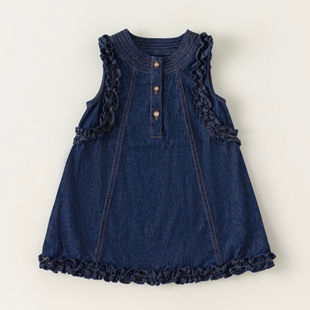 【80-140cm】フリルパイピングデニムワンピース【050604】