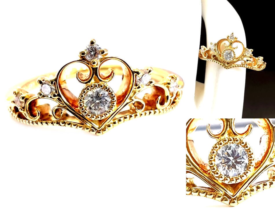 Disney KUNO ディズニー ケイウノ K18 プリンセスティアラ ハート ダイヤモンド リング 指輪 10号