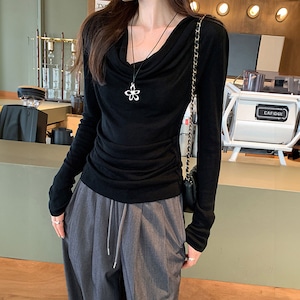 ドレープ Tシャツ 長袖 レディース 春秋 トップス 韓国 大人 カジュアル きれいめ ストリート おしゃれ ドレープネック 無地 カットソー 大人可愛い 大人女子