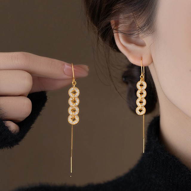 【JINGLEIシリーズ】★チャイナ風耳飾り★ ピアス ペア アクセサリー ロング丈 レディース ゴールド 金色