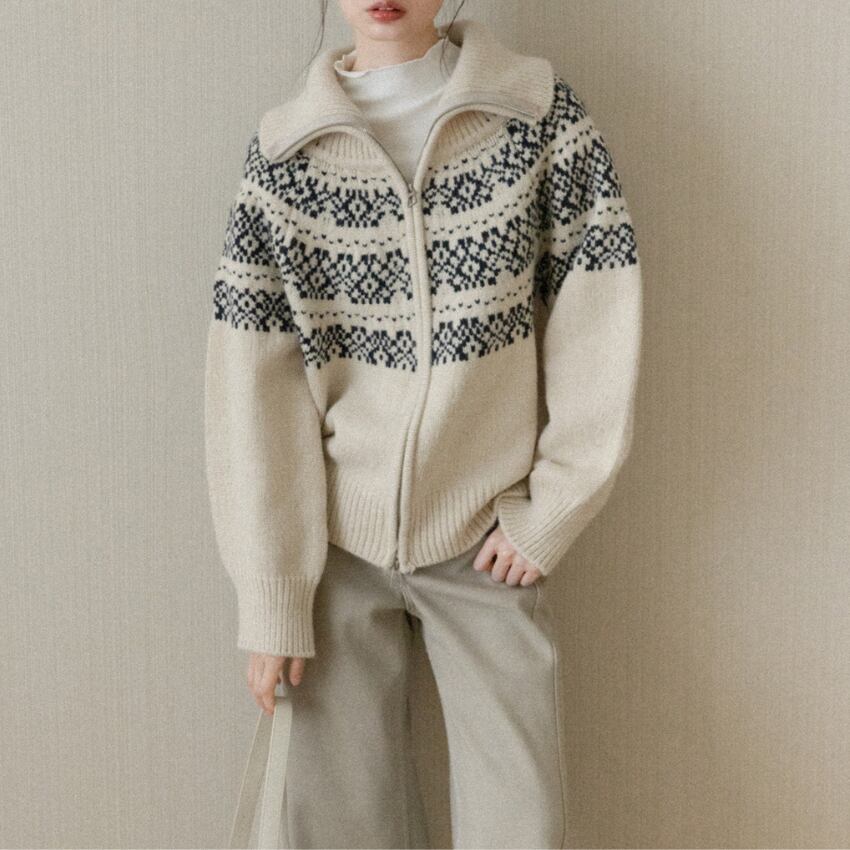 fair isle zip-up cardigan　J00436