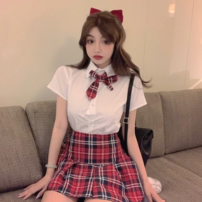 サマースタイルレッドシャツ ハイウェスト格子柄スカート レディース 夏物 ドラファッションホール84863264872