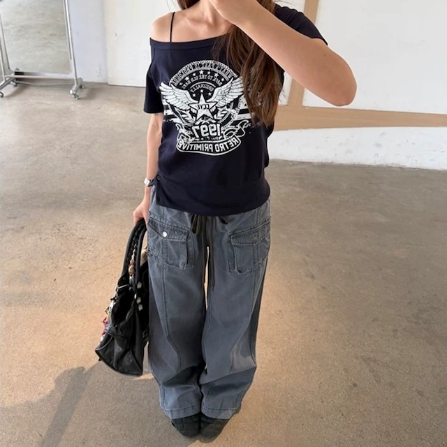 ワンショルダーレトロエンブレムグラフィックTシャツ 2col R02446
