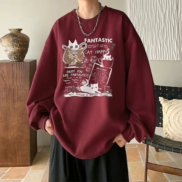 【KADISHOUシリーズ】★トップス★ 6color スウェット 男女兼用 メンズ 猫 猫柄 ネコ 可愛い 赤 白 黒 灰
