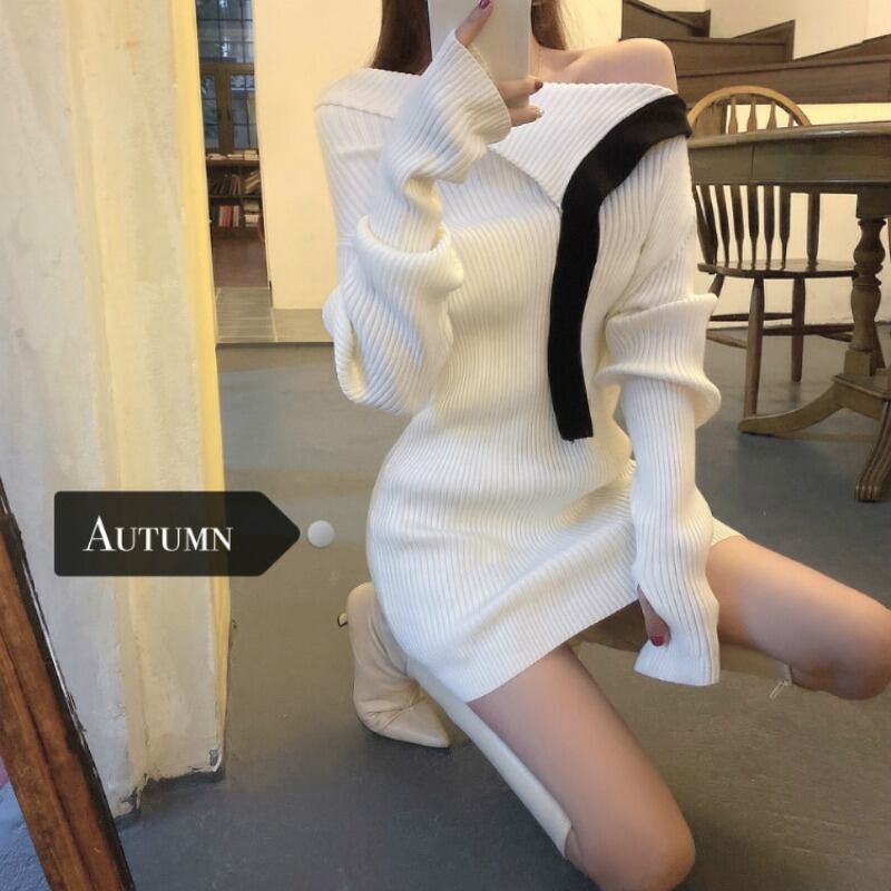 ニットセーター スカート ドレス レディースオータムウィンターショートストラップレス ロング 秋物 冬物 ブラックストロベリース42757617915