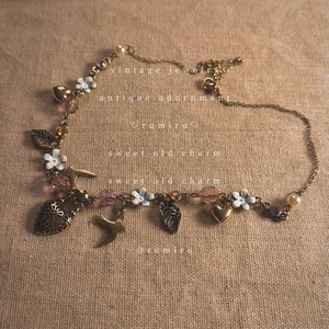 ハンドメイド フラワー 小鳥 アンティーク ネックレス