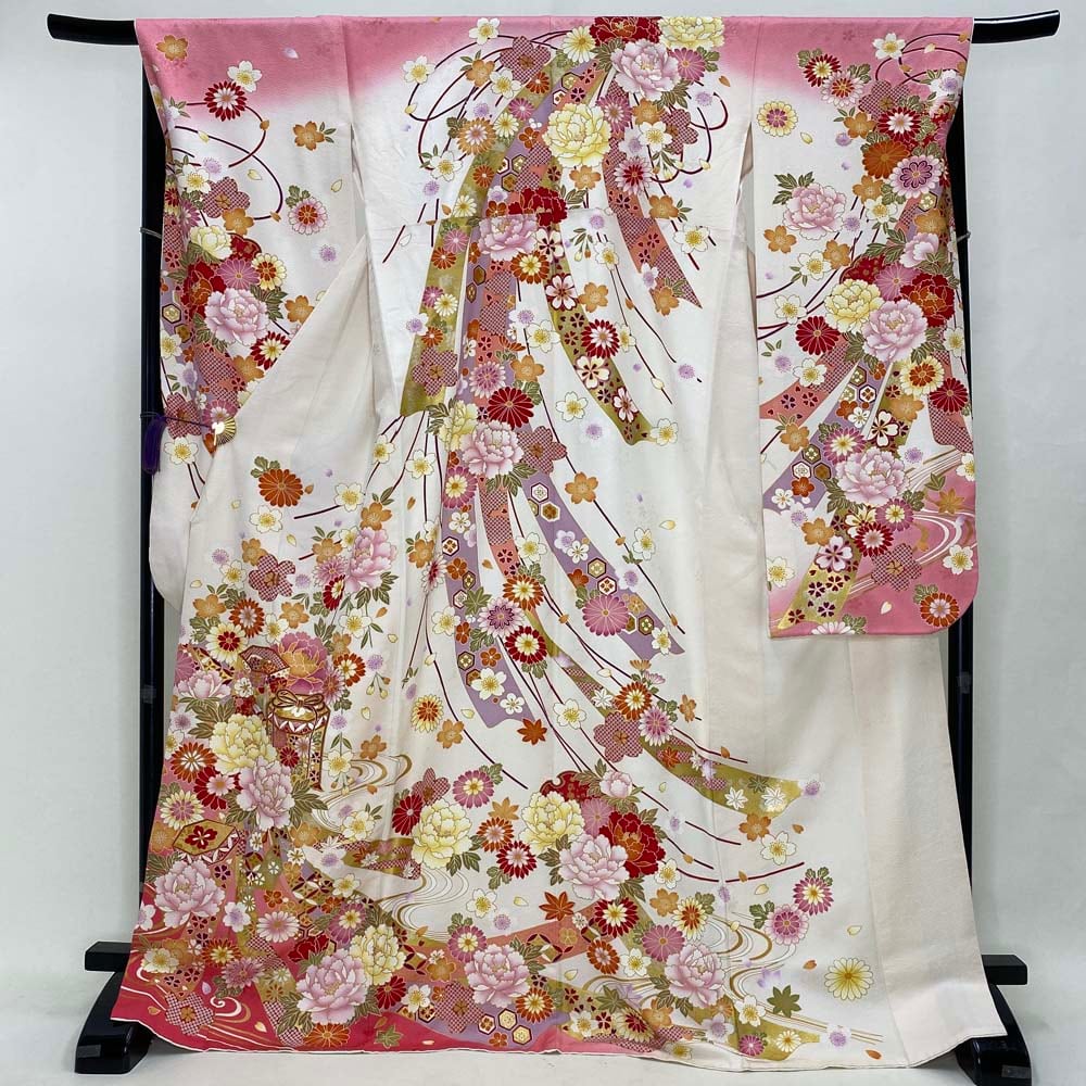 振袖 中古 白 正絹 古典 裄68.8cm 身丈172cm 美品 L サイズ 成人式 5068