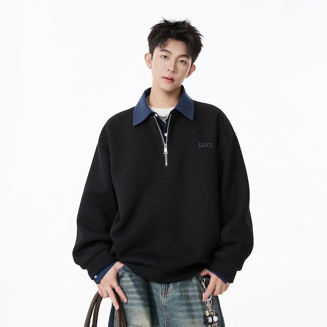 【V37シリーズ】★POLOシャツ★ 2color トップス ユニセックス メンズ 大きいサイズ フェイクレイヤード ジッパー付き 黒 白 灰 長袖