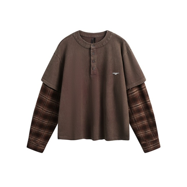 henley neck fake two-piece long tee　ヘンリーネックフェイクツーピースロングティー　J1489