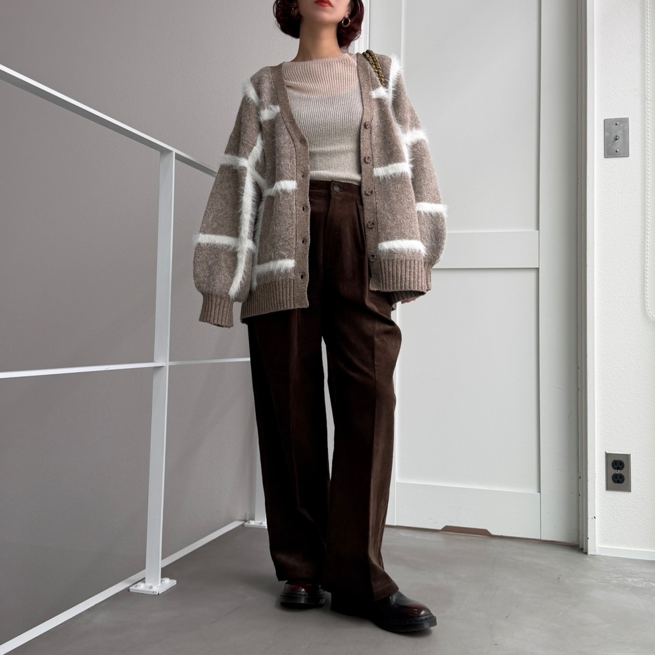 ラージチェックニットCD/ベージュ