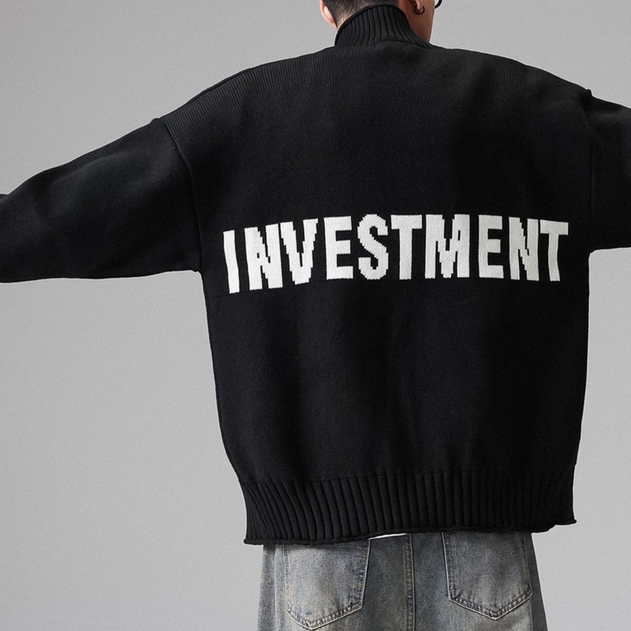 Zip-Up Hip-Length Wide Knit Jacket ◇2color H0860