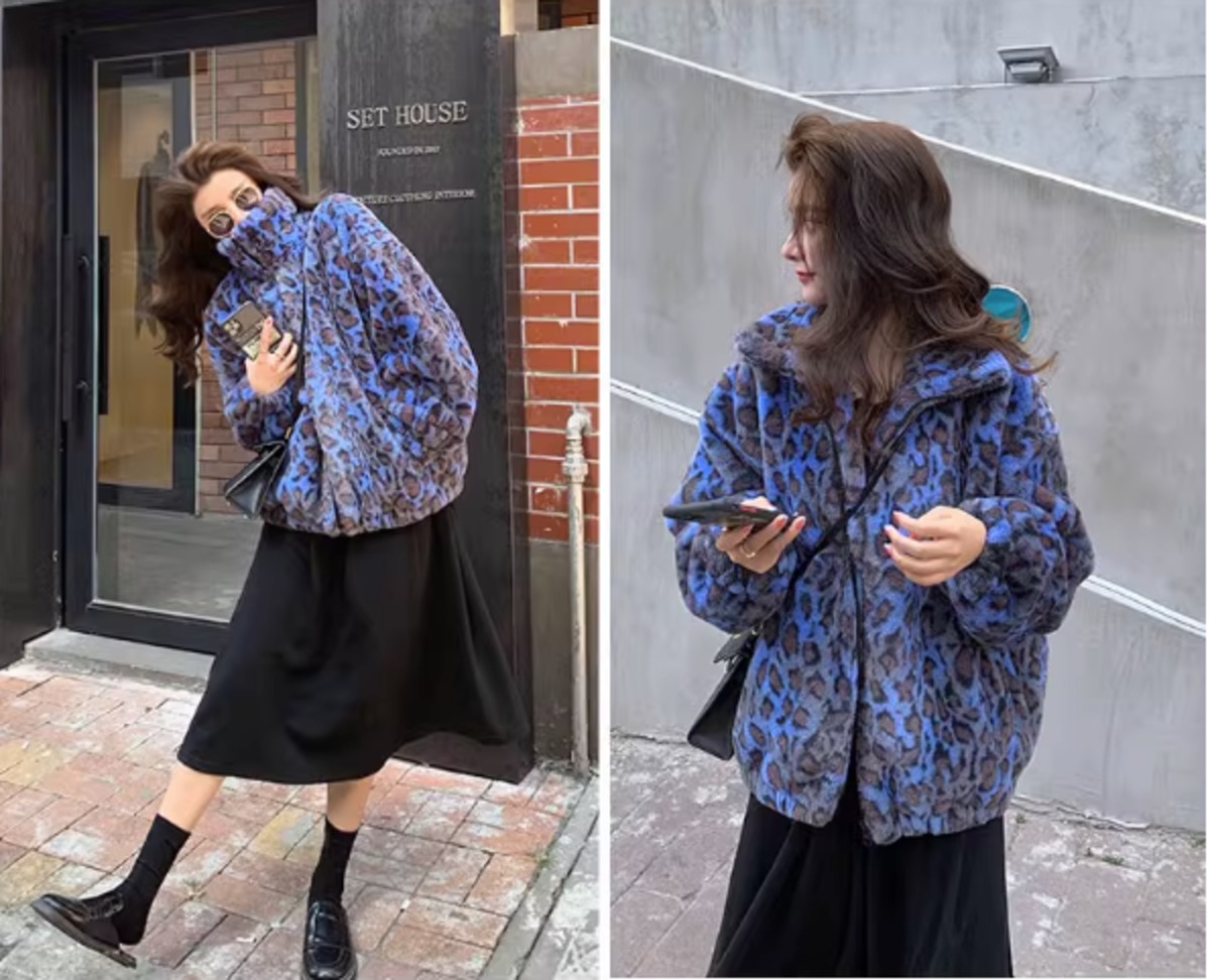 レトロな香港スタイルヒョウ柄ラムウールジャケット女性用ショート